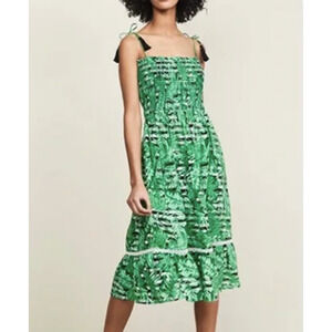 Kos Resort Women's Green Floral Leaf Smocked Sleeveless Midi Dress Size XS